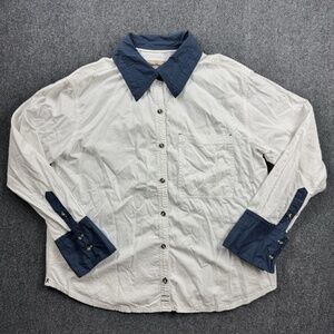 We The Free Free People Button Up Shirt Long Sleeve White Blue Women's Size L